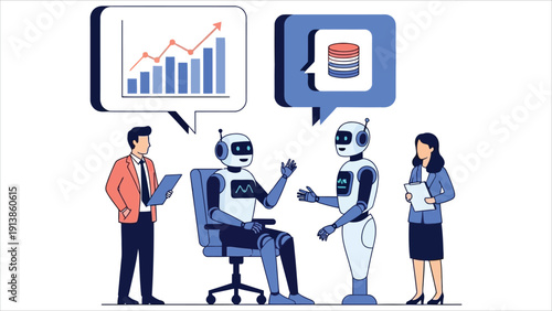 Doodle vector illustration of characters teaching an AI robot assistant using data. Concept of large language model training, neural networks, and machine learning technology