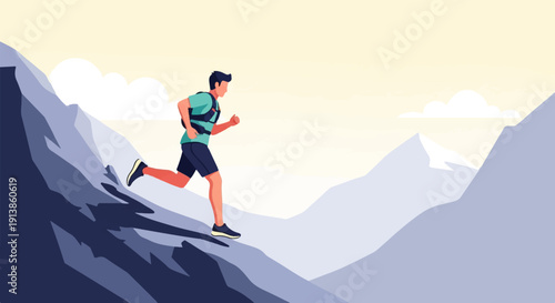 Person running down a steep mountain slope with a backpack