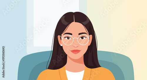 Portrait of a smiling woman with dark hair wearing glasses and a yellow jacket