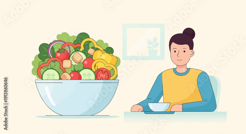 Person sits at table with large bowl of fresh salad, prepared for meal