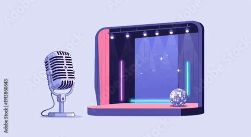 Retro microphone stands on a stage with disco ball under spotlights
