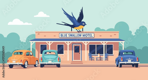 Retro motel with vintage cars and a bird on the roof