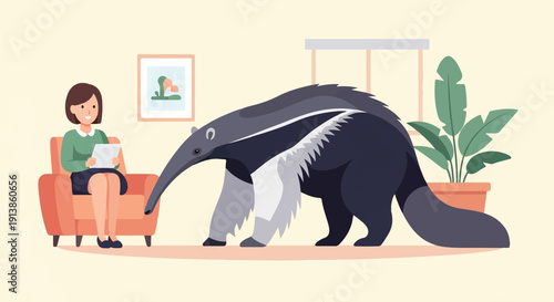 Person sitting in a chair, anteater standing, plant, and artwork