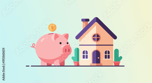 Pink piggy bank with coin dropping into slot near cartoon house