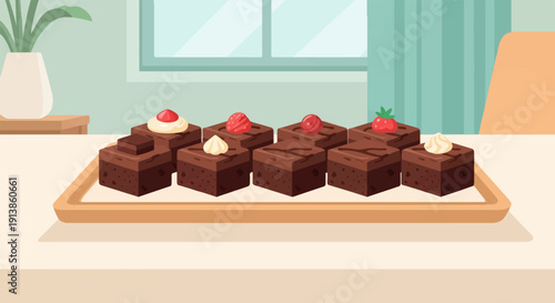 Rich chocolate brownies adorned with cream and fresh fruit arranged on a platter