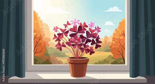 Potted purple shamrock with tiny pink blooms viewed through a window overlooking autumn foliage