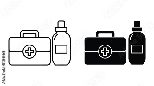 First aid kit and medical bottle icons