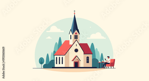 Person sitting at cafe table outside church