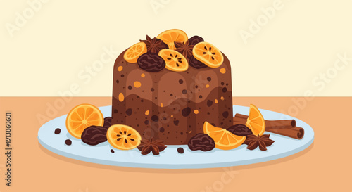 Rich, fruit-studded cake adorned with orange slices, star anise and cinnamon