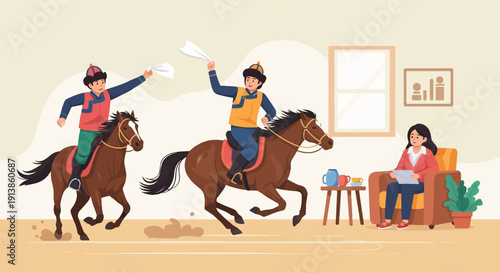 Riders on horseback gallop near a seated woman in a cozy room