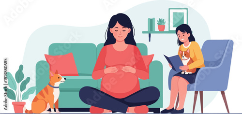 Pregnant woman and companion with pet dog and plant in living room