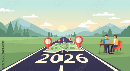 Road with map and pins leading to year 2026 with people working