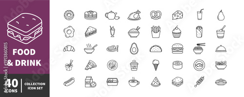Food and drink outline icon set, 40 linear vector icons, editable stroke, minimal line art collection for web, app, menu and UI design. Vector illustration