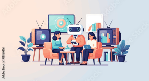 Robot and two women in living room with vintage televisions