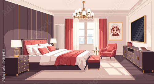 Pixel art bedroom with plush bed, armchair, and a dog portrait