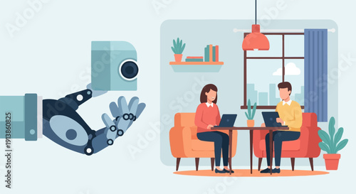 Robot arm offers camera to people working on laptops in cozy room