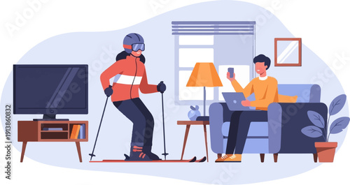 Person skiing indoors while another person relaxes using devices