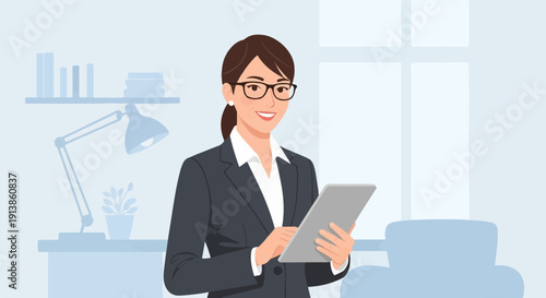 Professional woman in a suit smiling while holding a tablet