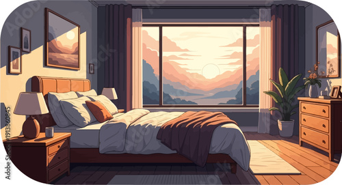 Pixel art bedroom with sunset view