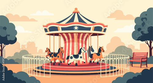 Pixel art carousel with horses and distant city skyline