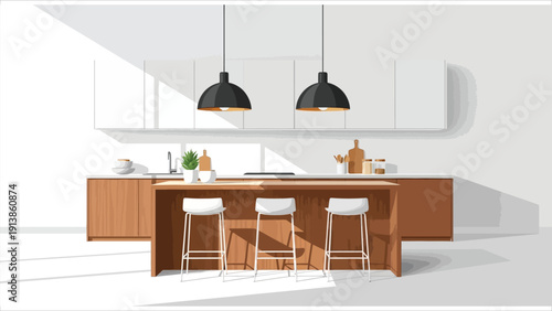 Modern minimalist kitchen design featuring wooden cabinets and stylish pendant lights. Clean interior concept with warm tones and functional layout.