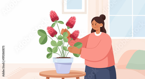 Person tending to a potted plant with pink flowers indoors