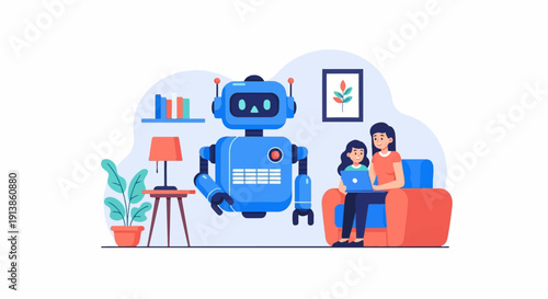 Robotic helper interacts with mother and child using laptop in living room