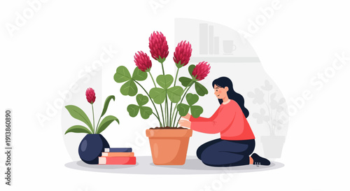 Person tending to potted clover plants with books and vase