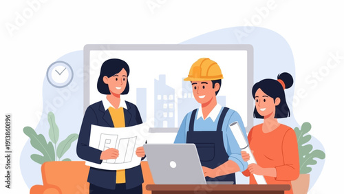 Professionals collaborate discussing plans and blueprints on a laptop, with building backdrop