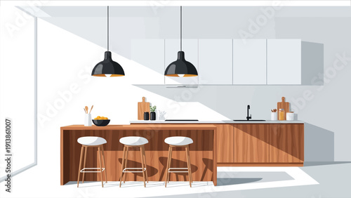 Modern minimalist kitchen design featuring wooden cabinets and stylish pendant lights. Clean interior concept with warm tones and functional layout.