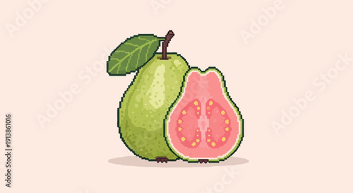 Pixel art guava, whole and halved, on light background