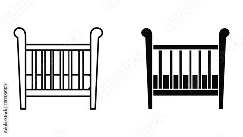 Simple black and white line drawing of a baby crib