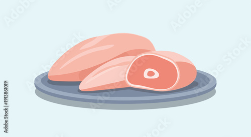 Raw chicken pieces, one sliced showing the bone, on a blue plate