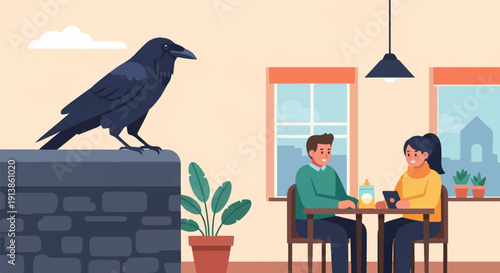 Raven observes people dining at a cafe with potted plants and city views