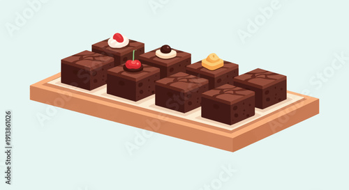 Row of delicious chocolate brownies with assorted toppings on a wooden board