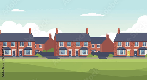 Row of brick houses with bay windows and pitched roofs, against sky