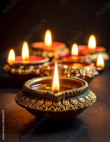 Close-up of multiple ornate, glowing, lit earthenware oil lamps. Shallow depth of field with warm illumination against dark background