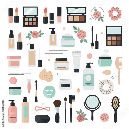 Cosmetic Products and Beauty Essentials Set