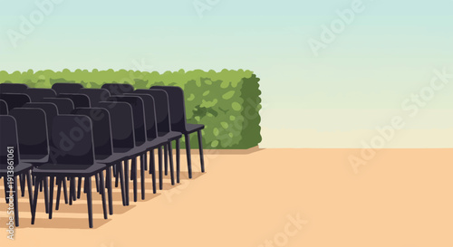 Rows of black chairs arranged outdoors with a trimmed hedge behind