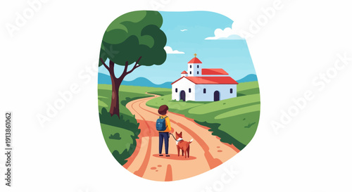 Person walks dog on rural path toward white building with red roof