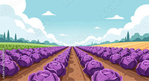 Rows of purple cabbage stretch to a horizon under a pixelated sky