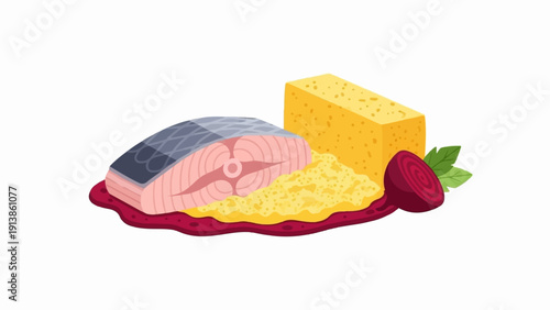 Raw salmon steak, yellow grain, cheese block, beetroot, and greens