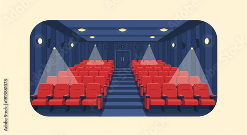 Rows of empty red seats fill a dimly lit theater with spotlights