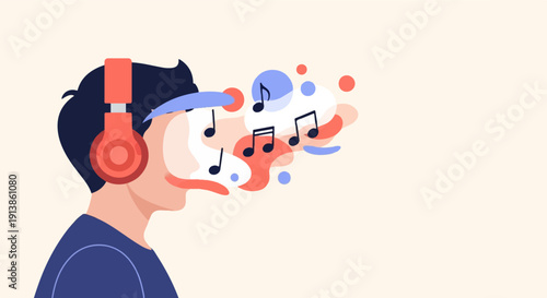 Person wearing headphones, with musical notes and abstract shapes emanating from head
