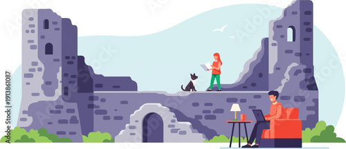 Ruined castle walls with people and dog enjoying outdoor leisure activities