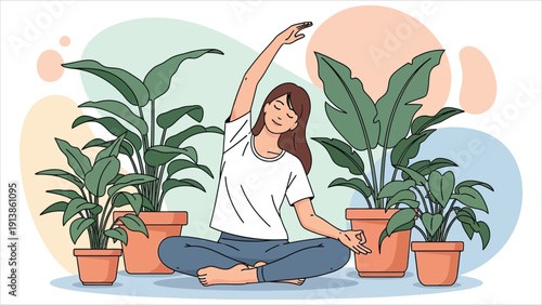 Woman practicing yoga surrounded by potted plants in a serene environment. Concept of wellness, mindfulness, relaxation, and healthy lifestyle.
