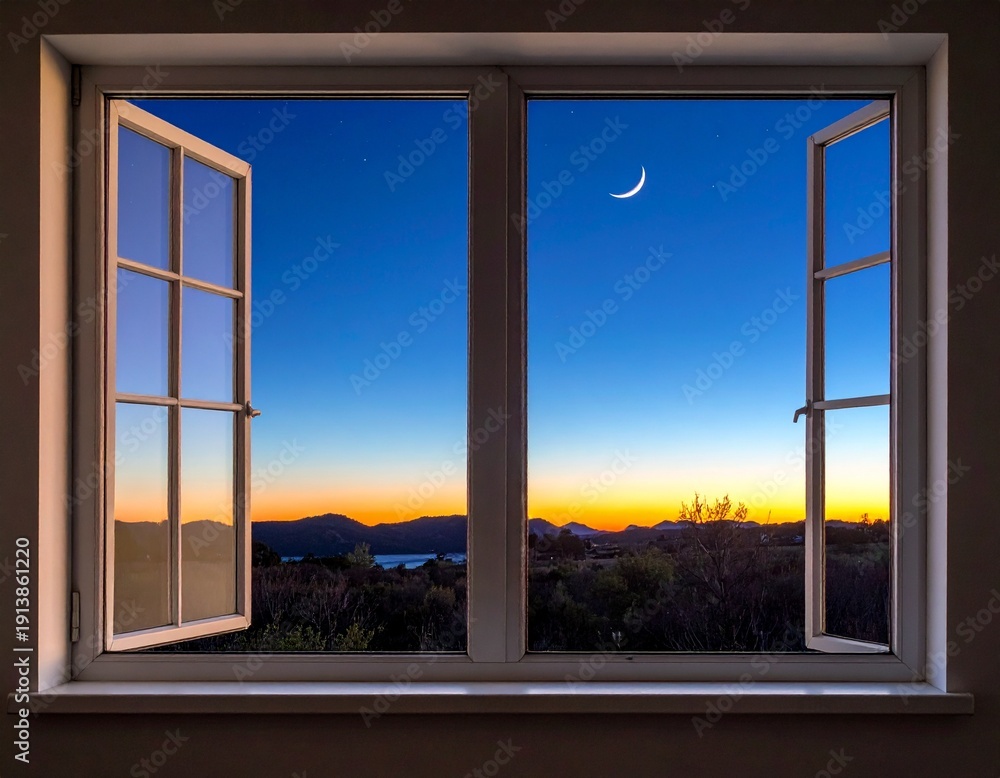 Fototapeta premium Open Window View of a Dusk Sky with Crescent Moon