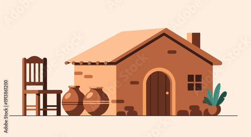 Rustic dwelling with a wooden chair, pottery, and potted plant