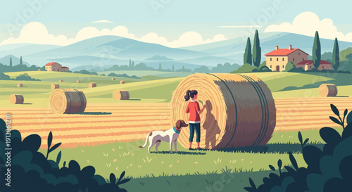 Rustic farm with hay bales, woman, dog, and distant villa under sky