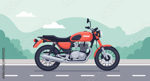 Red vintage motorcycle parked on a road with green landscape